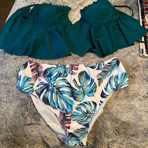 XL bikini top and bottom in dark teal with palm leaf print in bottoms